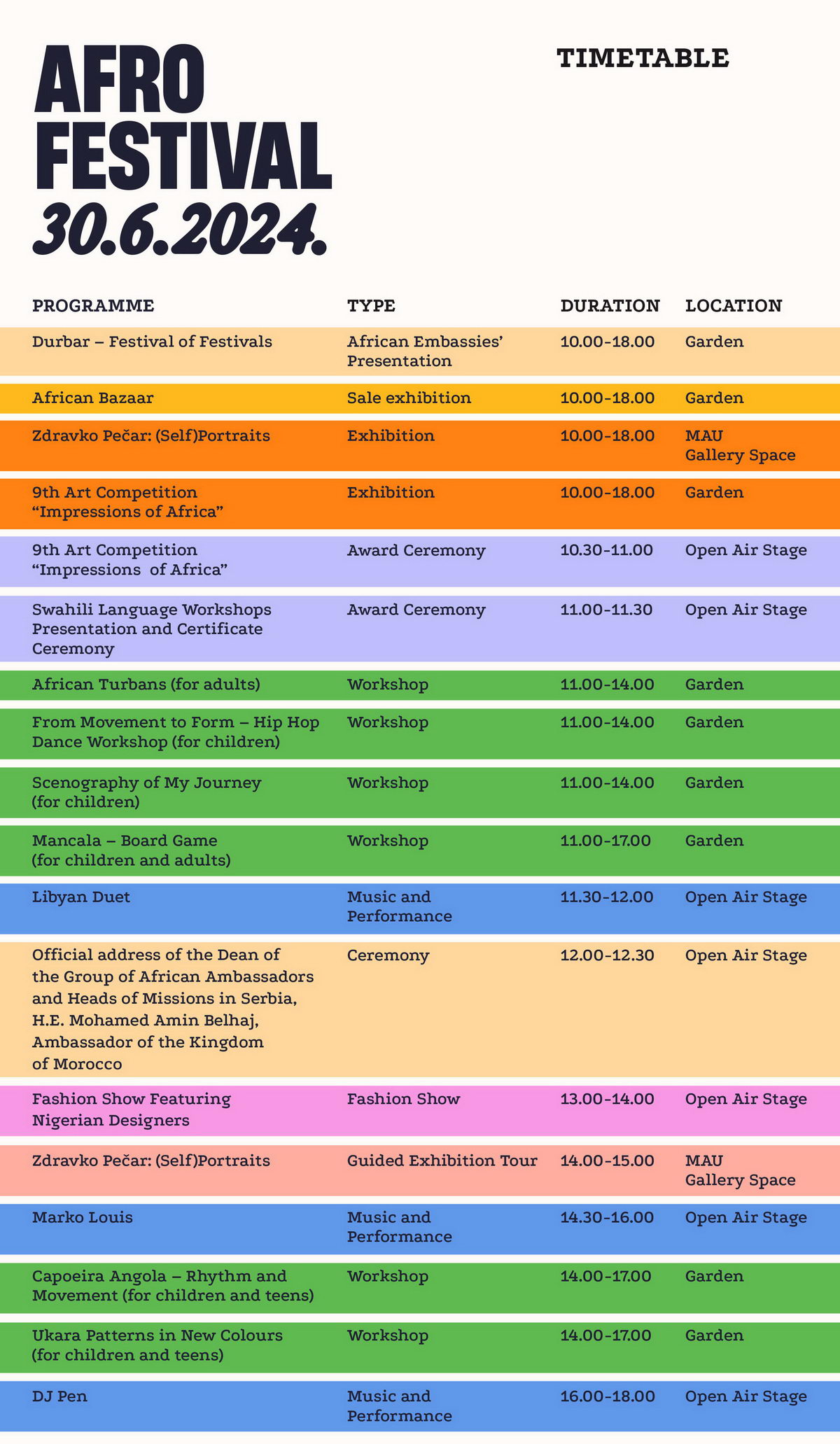 Afro Festival 2024 - Timetable for June 30th